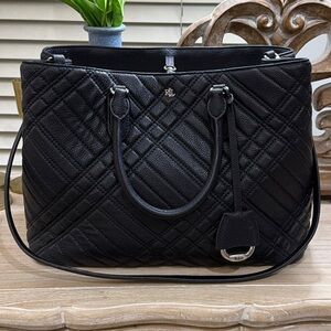 Lauren Ralph Lauren Plaid Quilted Leather Marcy Satchel in Pebbled Navy Blue